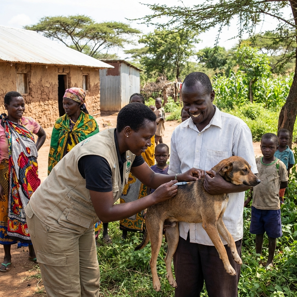 Community members in Nyakach receiving dog vaccination services
